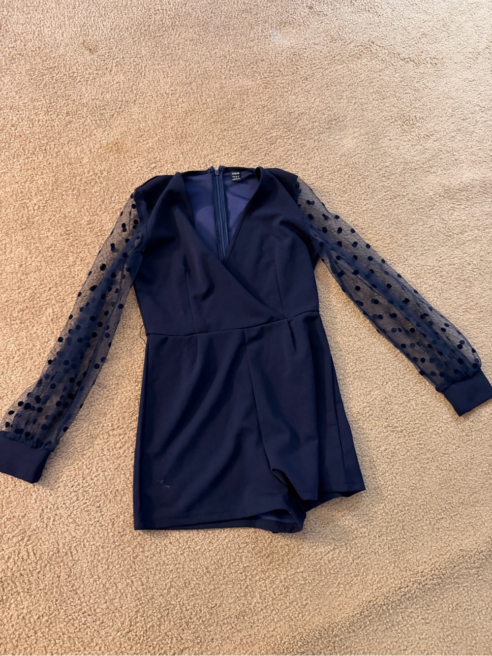 SHEIN Navy Long Sleeve Polka Dot Mesh Wrap Romper Dress